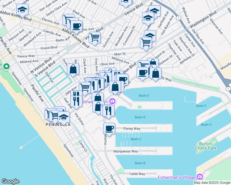 map of restaurants, bars, coffee shops, grocery stores, and more near Palawan Way & Admiralty Way in Marina del Rey