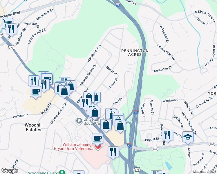map of restaurants, bars, coffee shops, grocery stores, and more near 6399 Clifton Street in Columbia