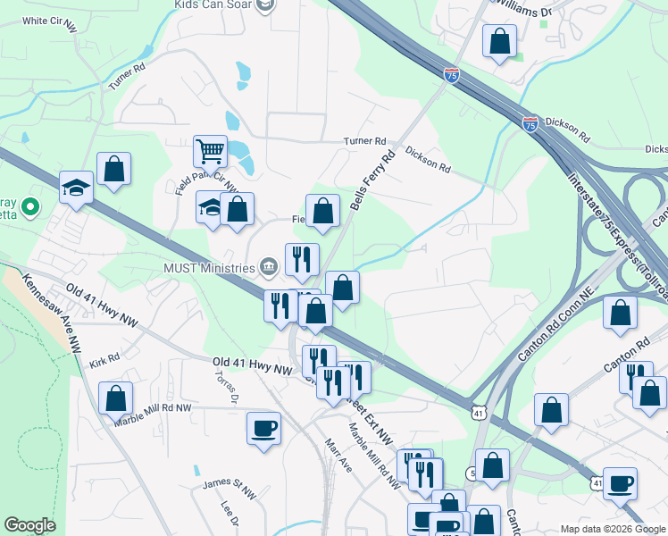 map of restaurants, bars, coffee shops, grocery stores, and more near 1290 Bells Ferry Road in Marietta