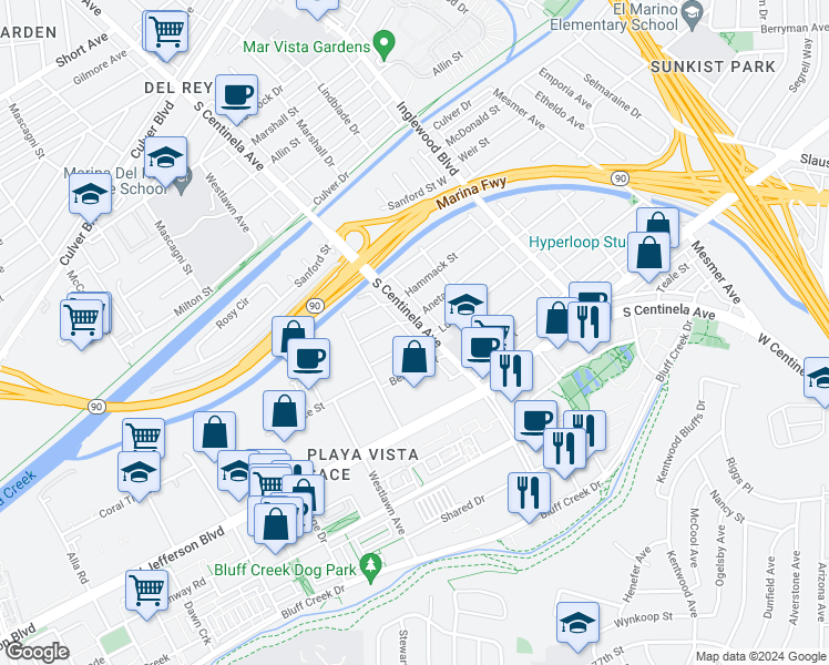 map of restaurants, bars, coffee shops, grocery stores, and more near 5411 South Centinela Avenue in Los Angeles