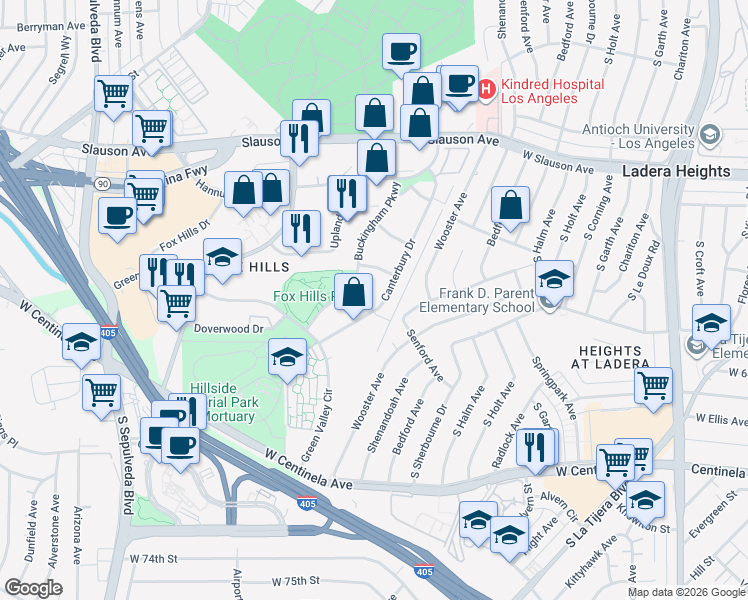 map of restaurants, bars, coffee shops, grocery stores, and more near 6151 Canterbury Drive in Culver City