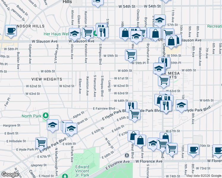 map of restaurants, bars, coffee shops, grocery stores, and more near 6214 Long Street in Los Angeles