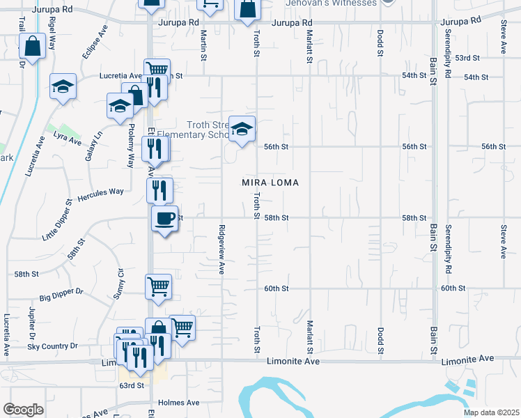 map of restaurants, bars, coffee shops, grocery stores, and more near 10570 58th Street in Jurupa Valley