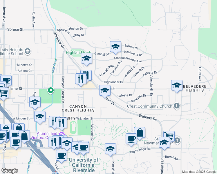 map of restaurants, bars, coffee shops, grocery stores, and more near 587 West Blaine Street in Riverside