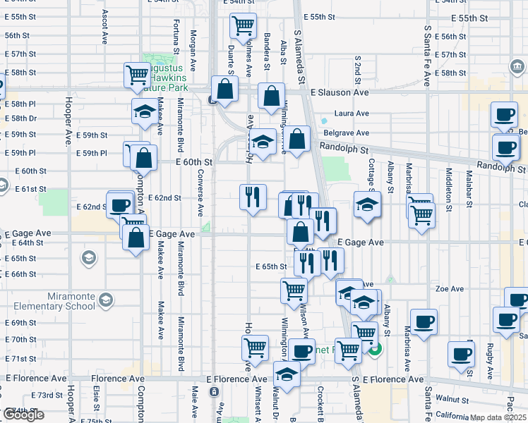 map of restaurants, bars, coffee shops, grocery stores, and more near East 63rd Street in Los Angeles