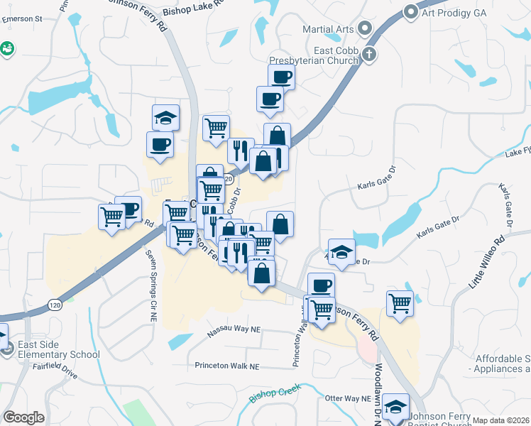 map of restaurants, bars, coffee shops, grocery stores, and more near 4372 Heritage Glen Court in Marietta