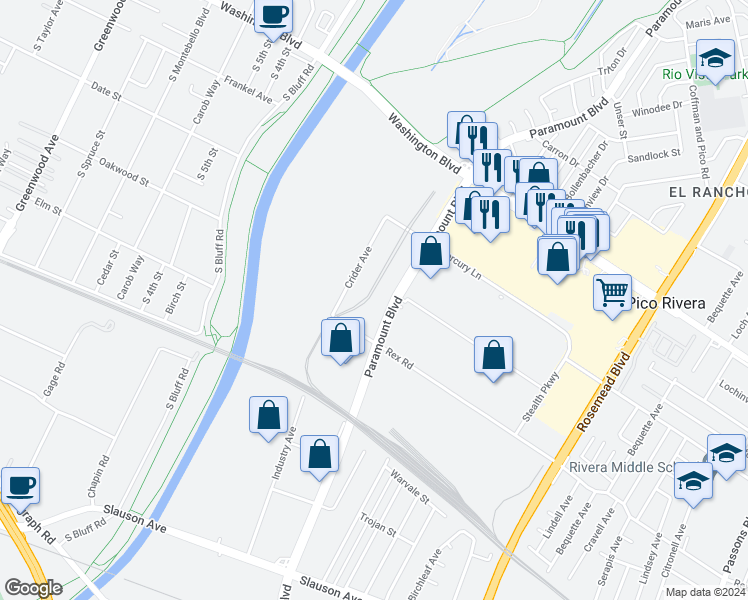 map of restaurants, bars, coffee shops, grocery stores, and more near 7309 Paramount Boulevard in Pico Rivera