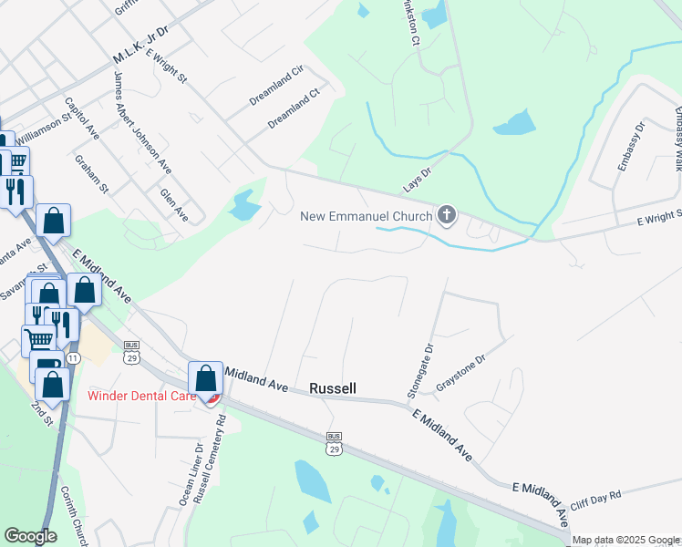 map of restaurants, bars, coffee shops, grocery stores, and more near 40 Huckleberry Lane in Winder