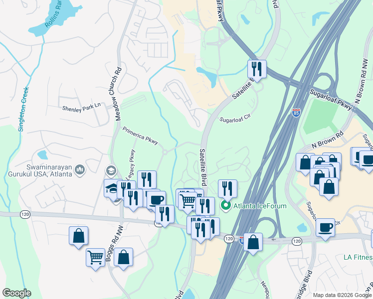 map of restaurants, bars, coffee shops, grocery stores, and more near 2255 Satellite Boulevard in Duluth