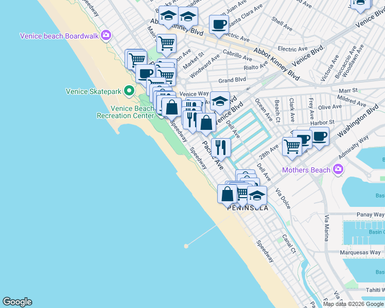 map of restaurants, bars, coffee shops, grocery stores, and more near 8 23rd Avenue in Los Angeles