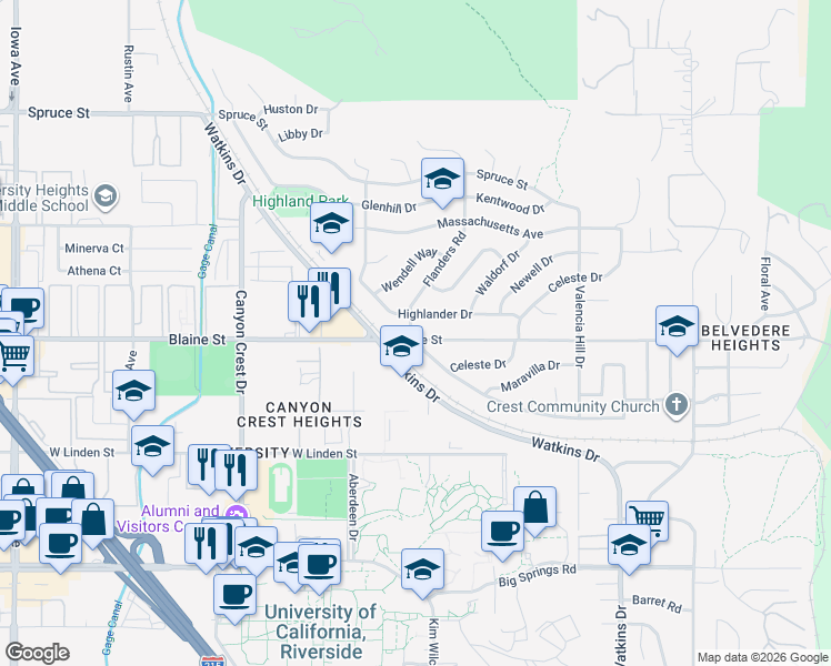 map of restaurants, bars, coffee shops, grocery stores, and more near 588 West Campus View Drive in Riverside