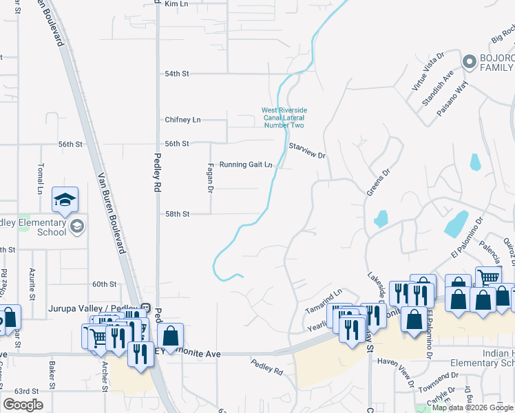 map of restaurants, bars, coffee shops, grocery stores, and more near 8539 58th Street in Riverside