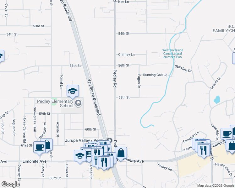 map of restaurants, bars, coffee shops, grocery stores, and more near 5799 Pedley Road in Jurupa Valley