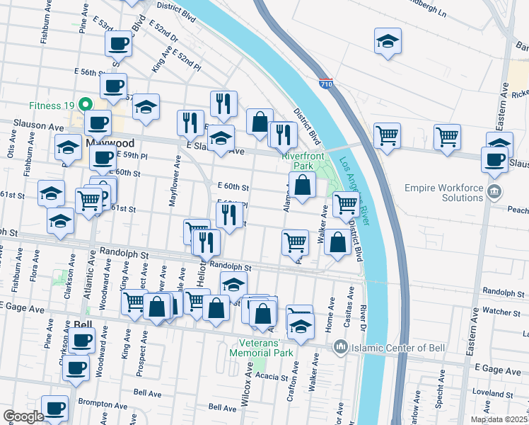 map of restaurants, bars, coffee shops, grocery stores, and more near 6101 Wilcox Avenue in Maywood