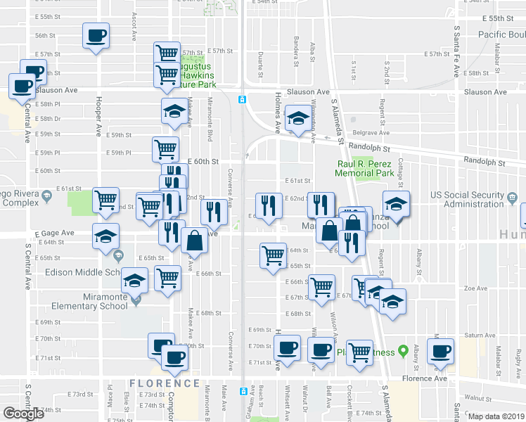 map of restaurants, bars, coffee shops, grocery stores, and more near 1736 East 63rd Street in Los Angeles
