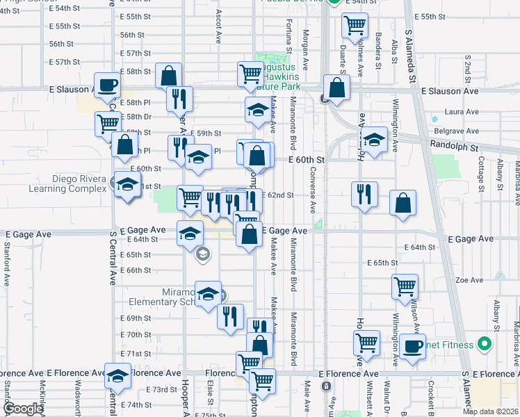 map of restaurants, bars, coffee shops, grocery stores, and more near 1439 East Gage Avenue in Los Angeles