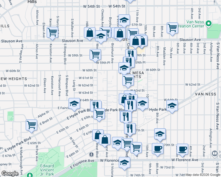 map of restaurants, bars, coffee shops, grocery stores, and more near 6314 Brynhurst Avenue in Los Angeles