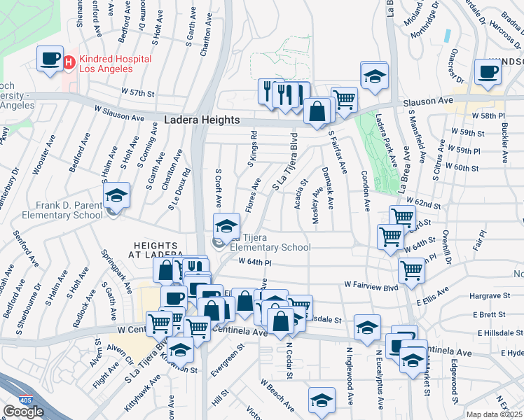 map of restaurants, bars, coffee shops, grocery stores, and more near 6266 La Tijera Boulevard in Los Angeles