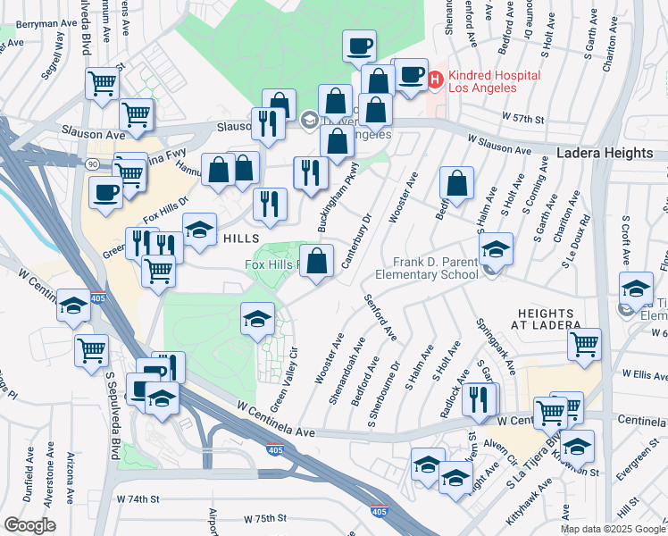 map of restaurants, bars, coffee shops, grocery stores, and more near 6050 Canterbury Drive in Culver City