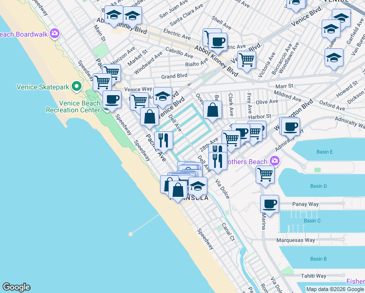 map of restaurants, bars, coffee shops, grocery stores, and more near 329 28th Avenue in Los Angeles