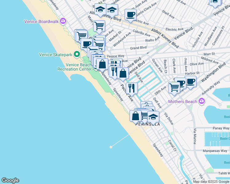 map of restaurants, bars, coffee shops, grocery stores, and more near 2401 Ocean Front Walk in Los Angeles