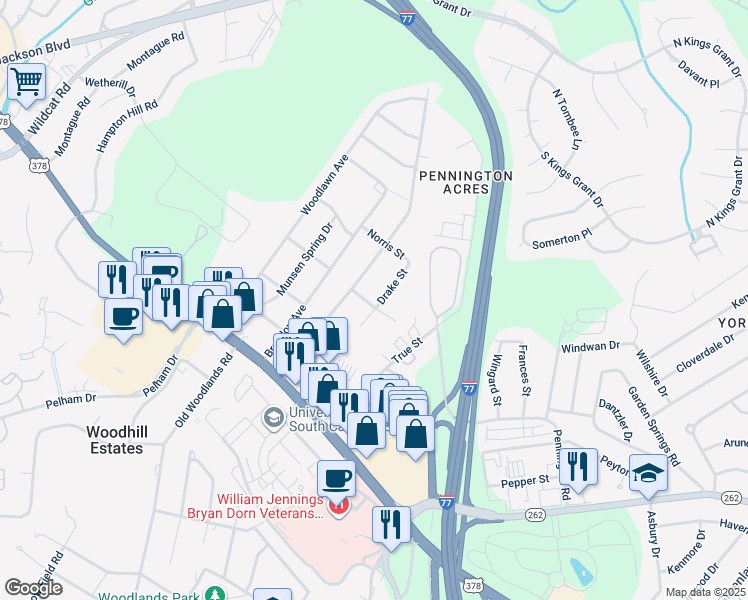map of restaurants, bars, coffee shops, grocery stores, and more near 6399 Clifton Street in Columbia