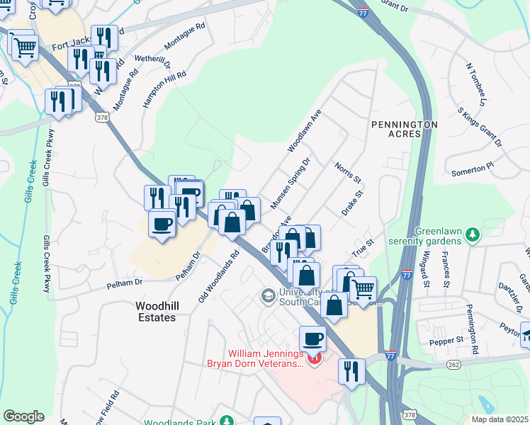 map of restaurants, bars, coffee shops, grocery stores, and more near 6212 Woodlawn Avenue in Columbia