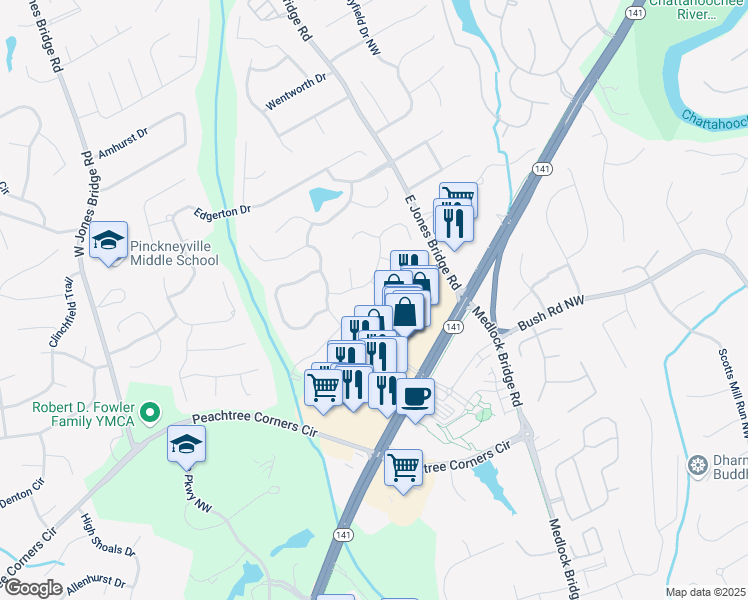 map of restaurants, bars, coffee shops, grocery stores, and more near 4014 Yarrow Bluff Northwest in Norcross