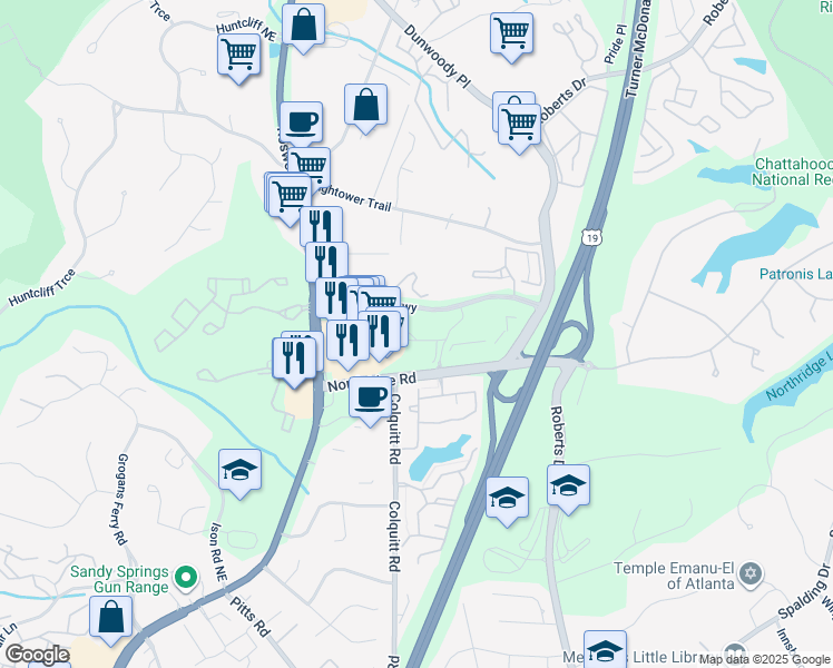 map of restaurants, bars, coffee shops, grocery stores, and more near Highland Park Tr in Sandy Springs