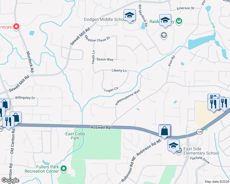 map of restaurants, bars, coffee shops, grocery stores, and more near 1434 Logan Circle in Marietta