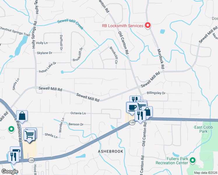 map of restaurants, bars, coffee shops, grocery stores, and more near 1280 Adams Oaks Landing in Marietta