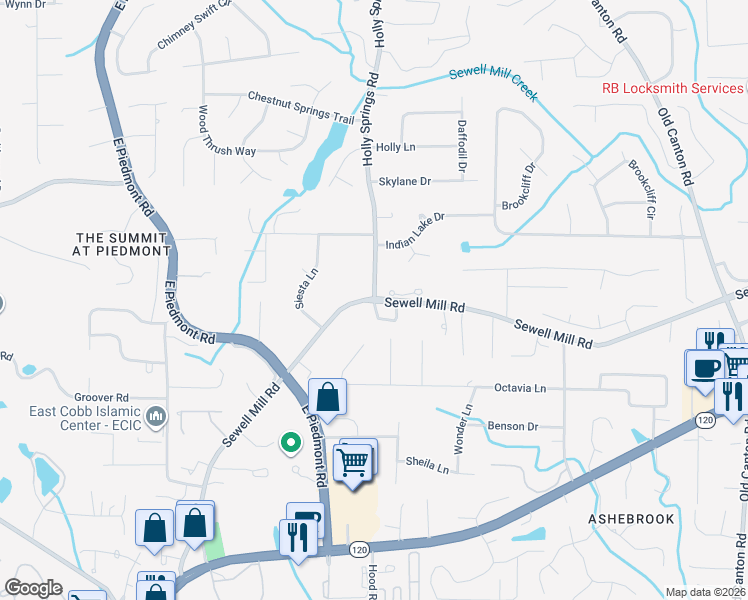 map of restaurants, bars, coffee shops, grocery stores, and more near 2600-2656 Sewell Mill Rd in Marietta