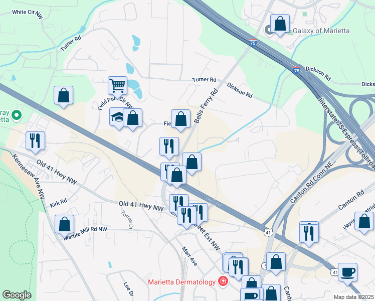 map of restaurants, bars, coffee shops, grocery stores, and more near 1310 Bells Ferry Road in Marietta