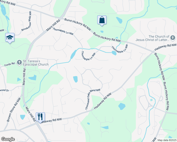 map of restaurants, bars, coffee shops, grocery stores, and more near 997 Thousand Oaks Bend Northwest in Kennesaw