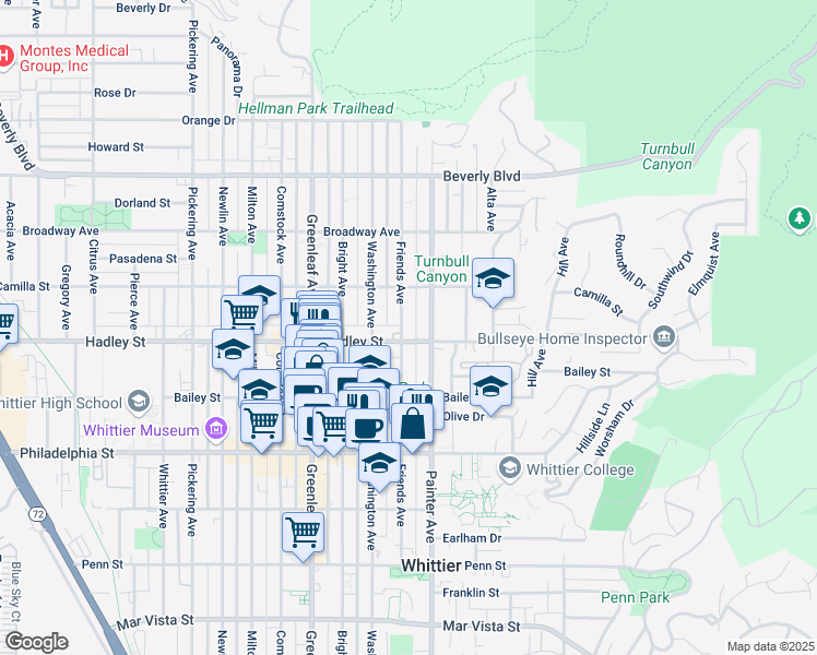 map of restaurants, bars, coffee shops, grocery stores, and more near 6344 Friends Avenue in Whittier