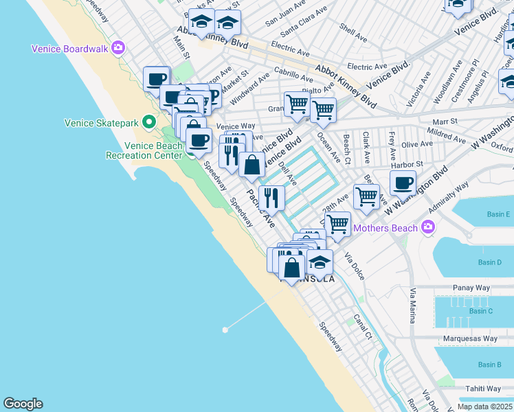 map of restaurants, bars, coffee shops, grocery stores, and more near 34 25th Place in Los Angeles