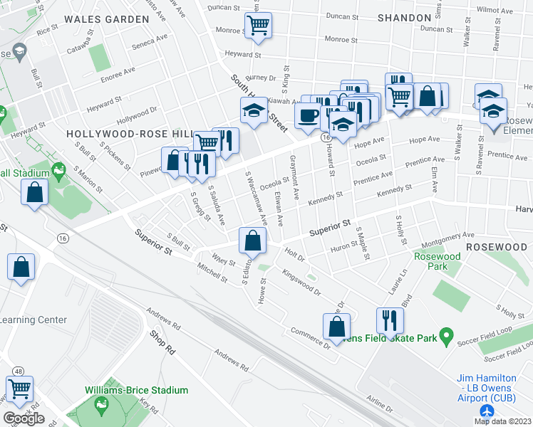 map of restaurants, bars, coffee shops, grocery stores, and more near 530 South Waccamaw Avenue in Columbia