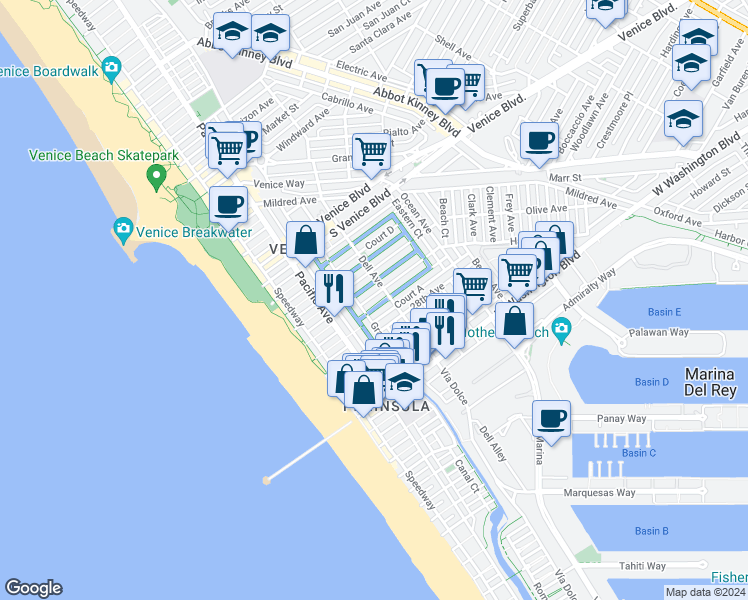 map of restaurants, bars, coffee shops, grocery stores, and more near 329 28th Avenue in Los Angeles