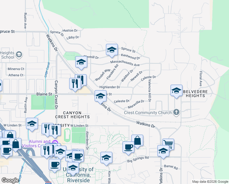 map of restaurants, bars, coffee shops, grocery stores, and more near 529 West Blaine Street in Riverside