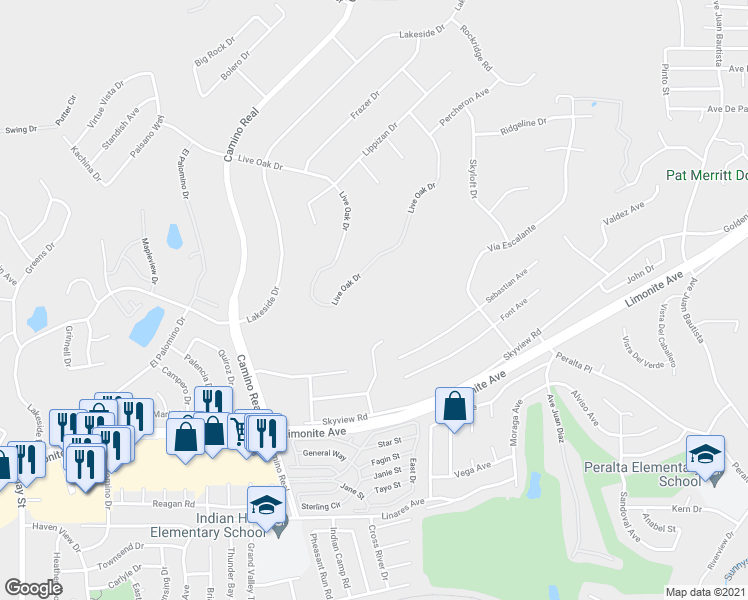 map of restaurants, bars, coffee shops, grocery stores, and more near 5873 Winncliff Drive in Riverside