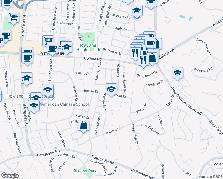 map of restaurants, bars, coffee shops, grocery stores, and more near 19500 Nacora Street in Rowland Heights
