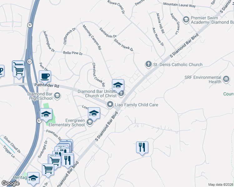 map of restaurants, bars, coffee shops, grocery stores, and more near 2235 Morning Canyon Road in Diamond Bar