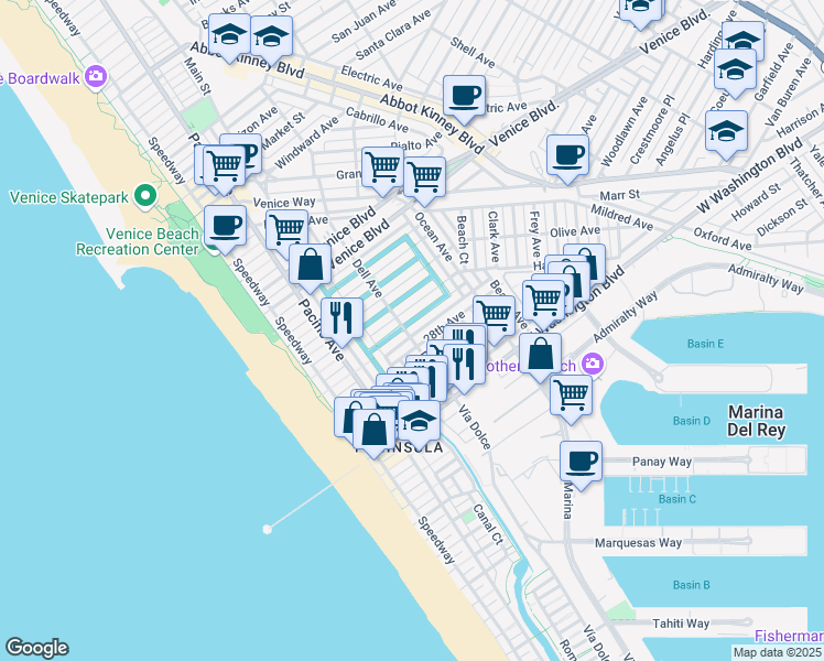 map of restaurants, bars, coffee shops, grocery stores, and more near 404 Sherman Canal in Los Angeles