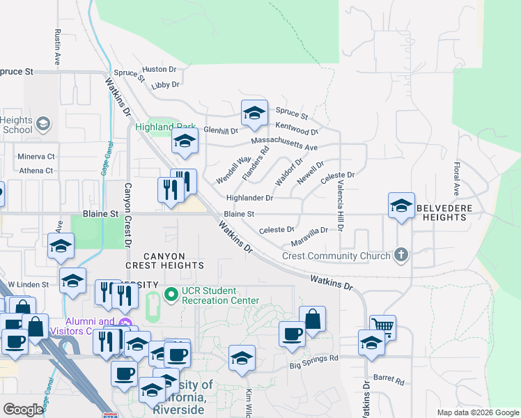 map of restaurants, bars, coffee shops, grocery stores, and more near 529 West Blaine Street in Riverside