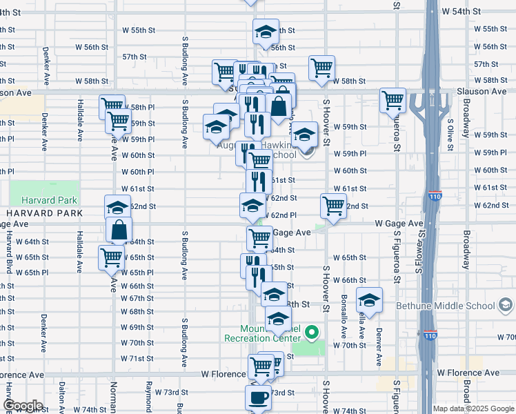 map of restaurants, bars, coffee shops, grocery stores, and more near 6212 South Vermont Avenue in Los Angeles