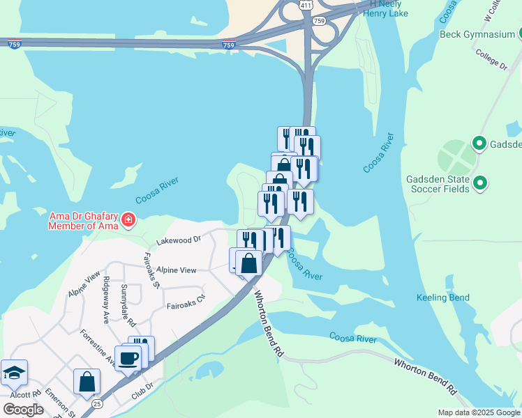 map of restaurants, bars, coffee shops, grocery stores, and more near 111 Lakepoint Drive in Gadsden