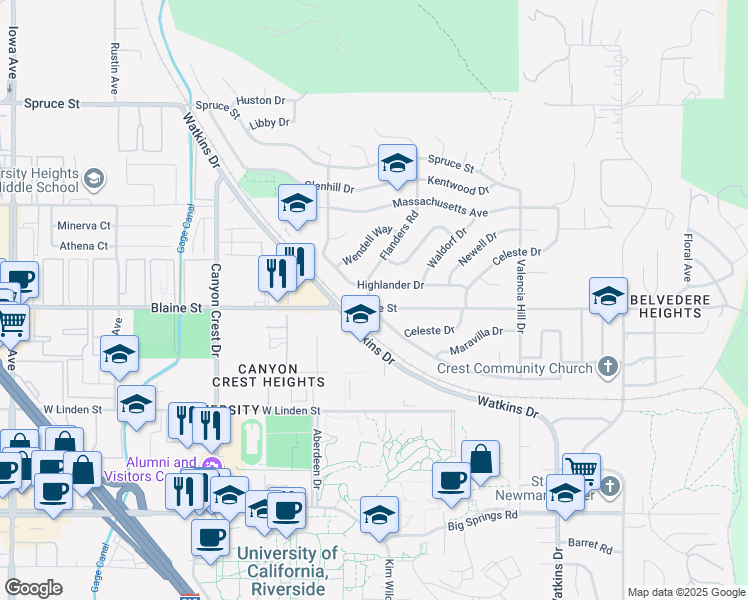map of restaurants, bars, coffee shops, grocery stores, and more near 587 West Blaine Street in Riverside
