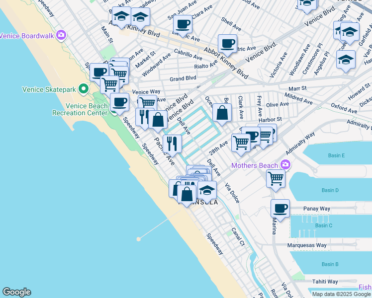 map of restaurants, bars, coffee shops, grocery stores, and more near 214 Howland Canal in Los Angeles