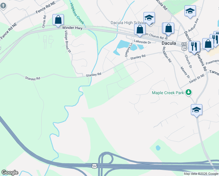 map of restaurants, bars, coffee shops, grocery stores, and more near 2176 Stanley Rd in Dacula