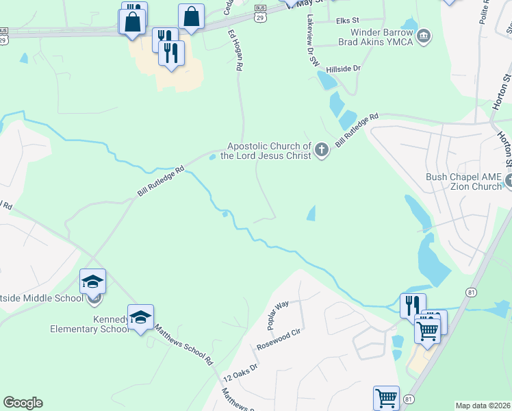 map of restaurants, bars, coffee shops, grocery stores, and more near 137 Whispering Way in Winder